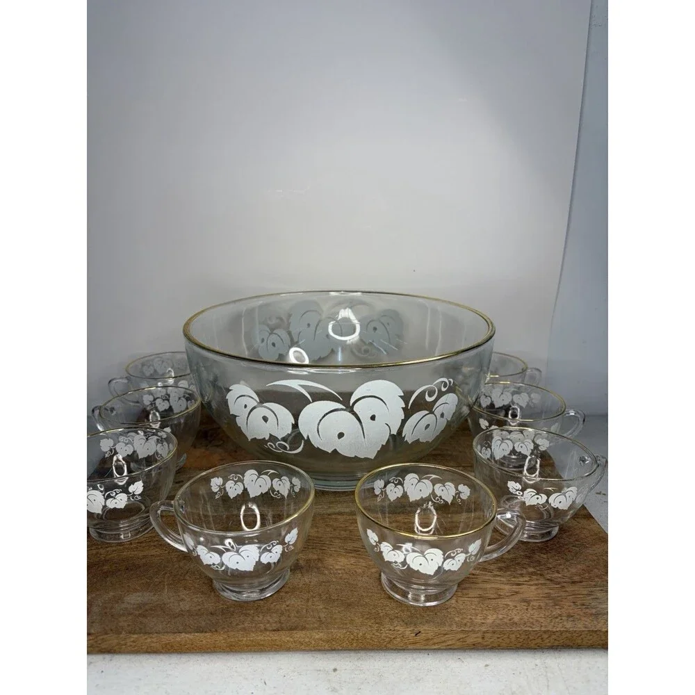 Vintage Anchor Hocking Glass Punch Bowl Grape Leaves Silver Rimmed 9 Piece